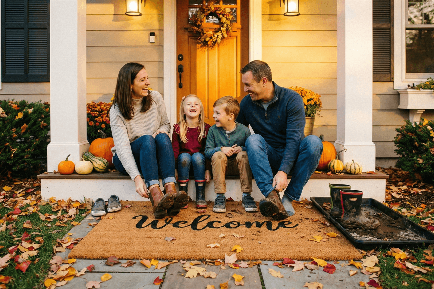 Exterior view of the front door at golden hour, a family taking off muddy boots and sneakers on a large coir welcome mat