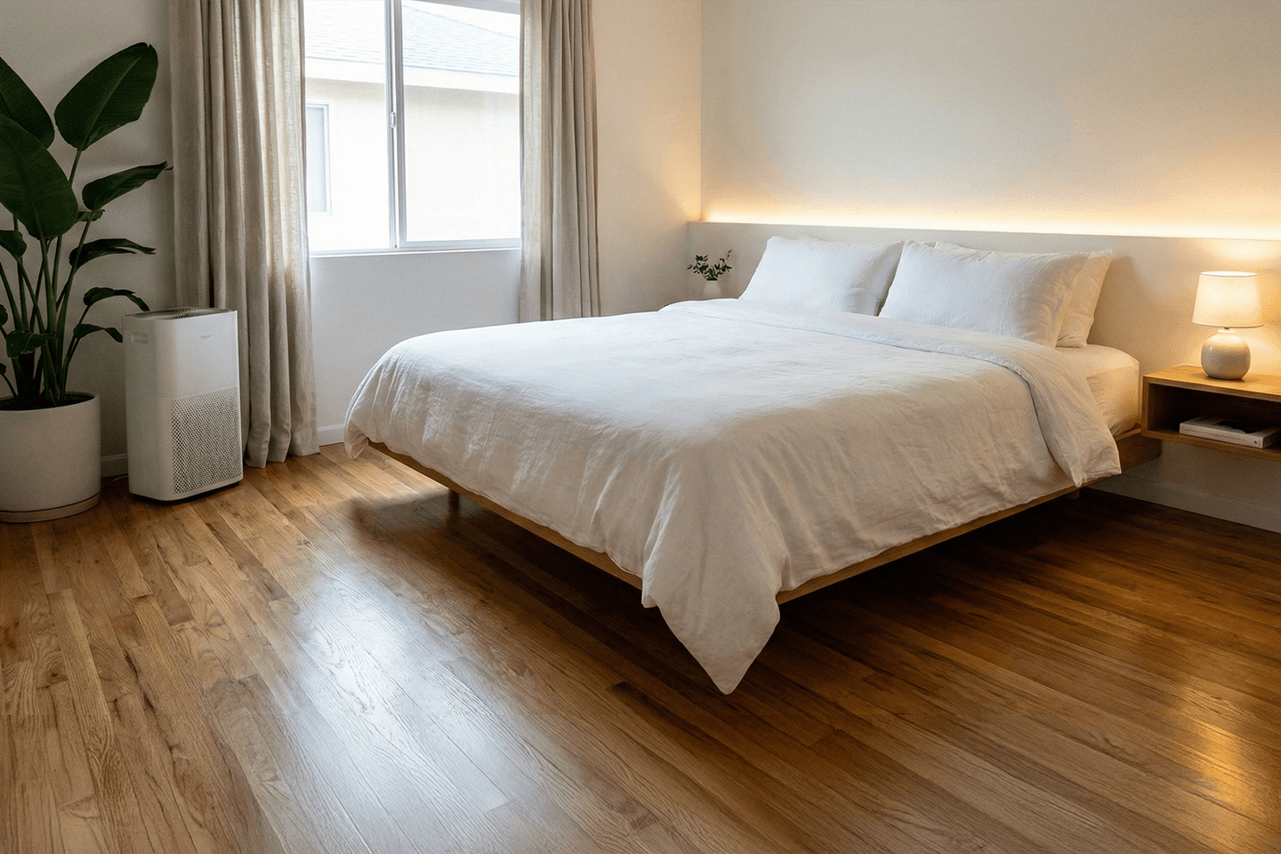 cozy season clean air bedroom with fresh bedding and improved indoor air quality for winter

