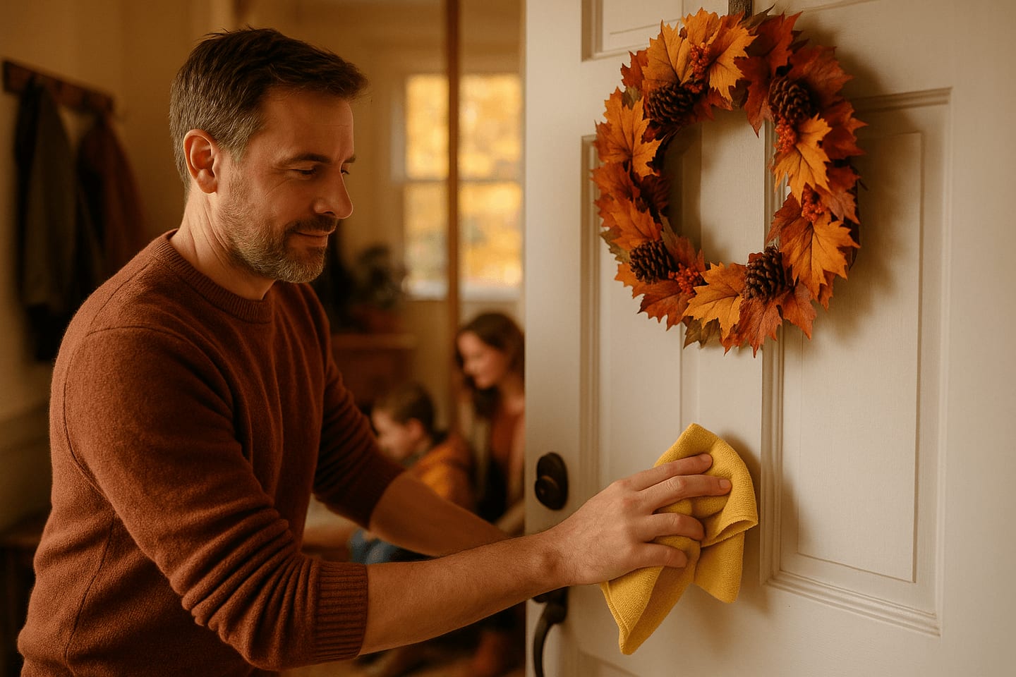 fall germ defense: disinfecting front door handle at home (high-touch surface)