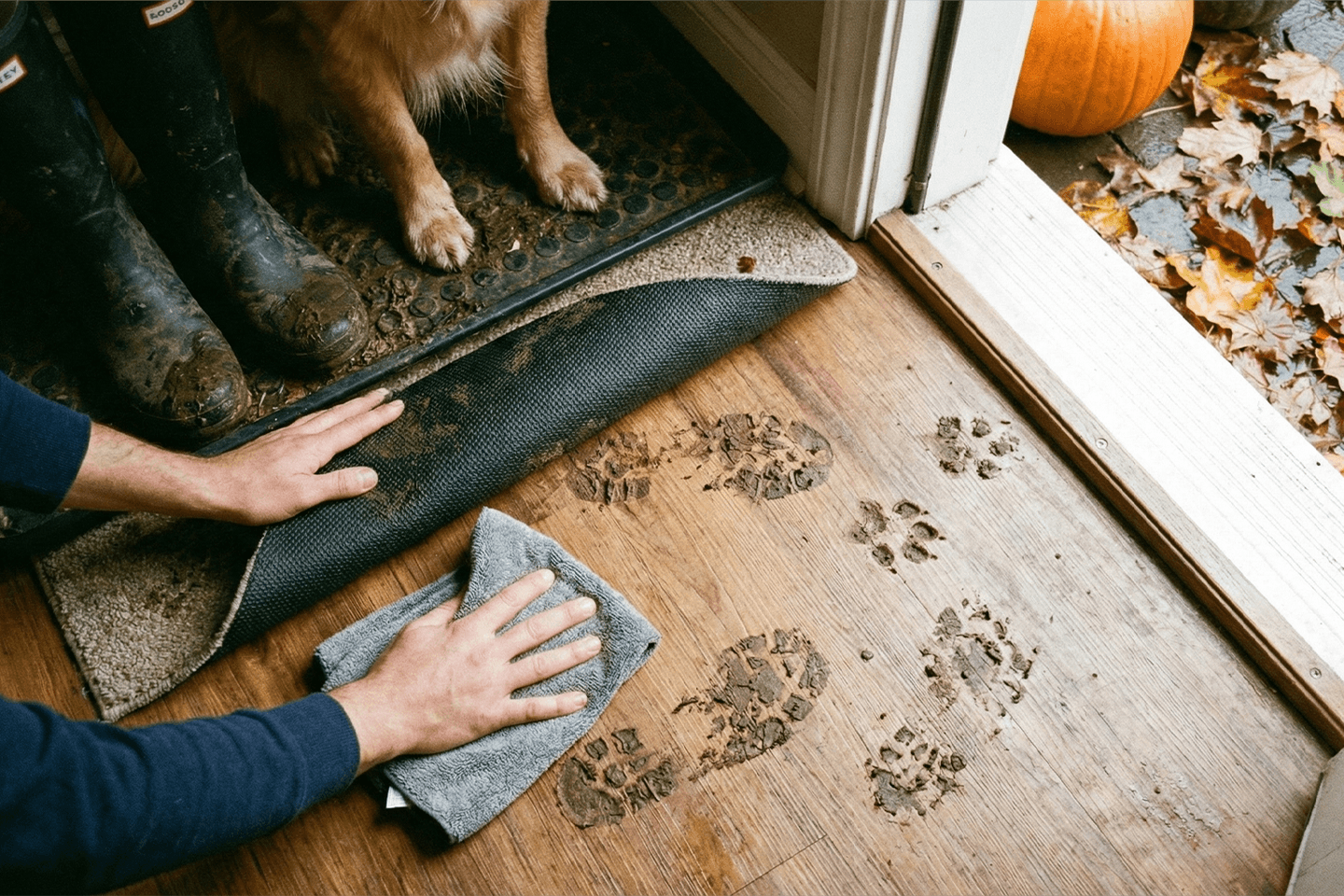 fall entryway mess control wiping muddy footprints and pet paws on indoor mat near front door
