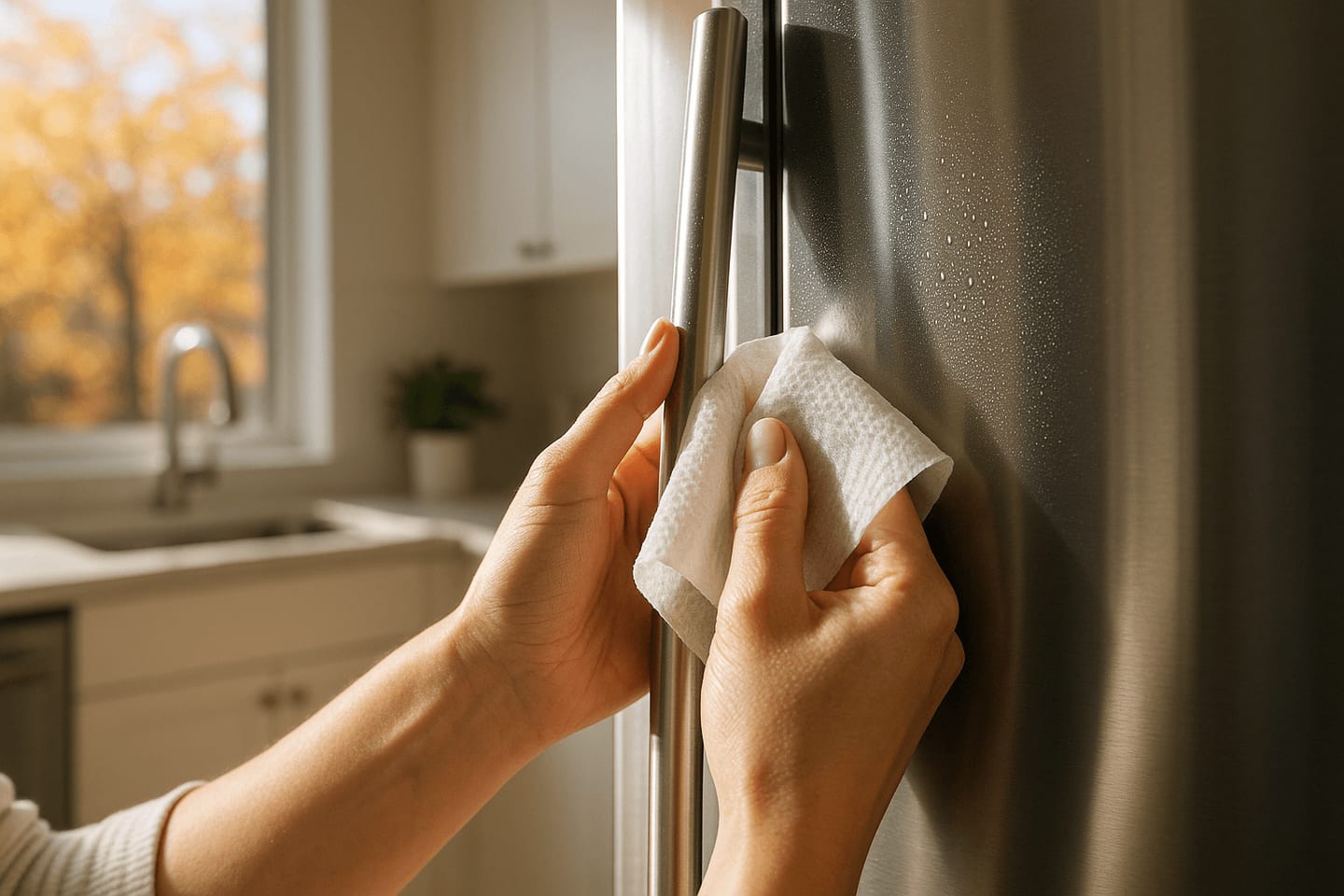 How to disinfect high-touch fridge handle for fall germ defense in a modern kitchen