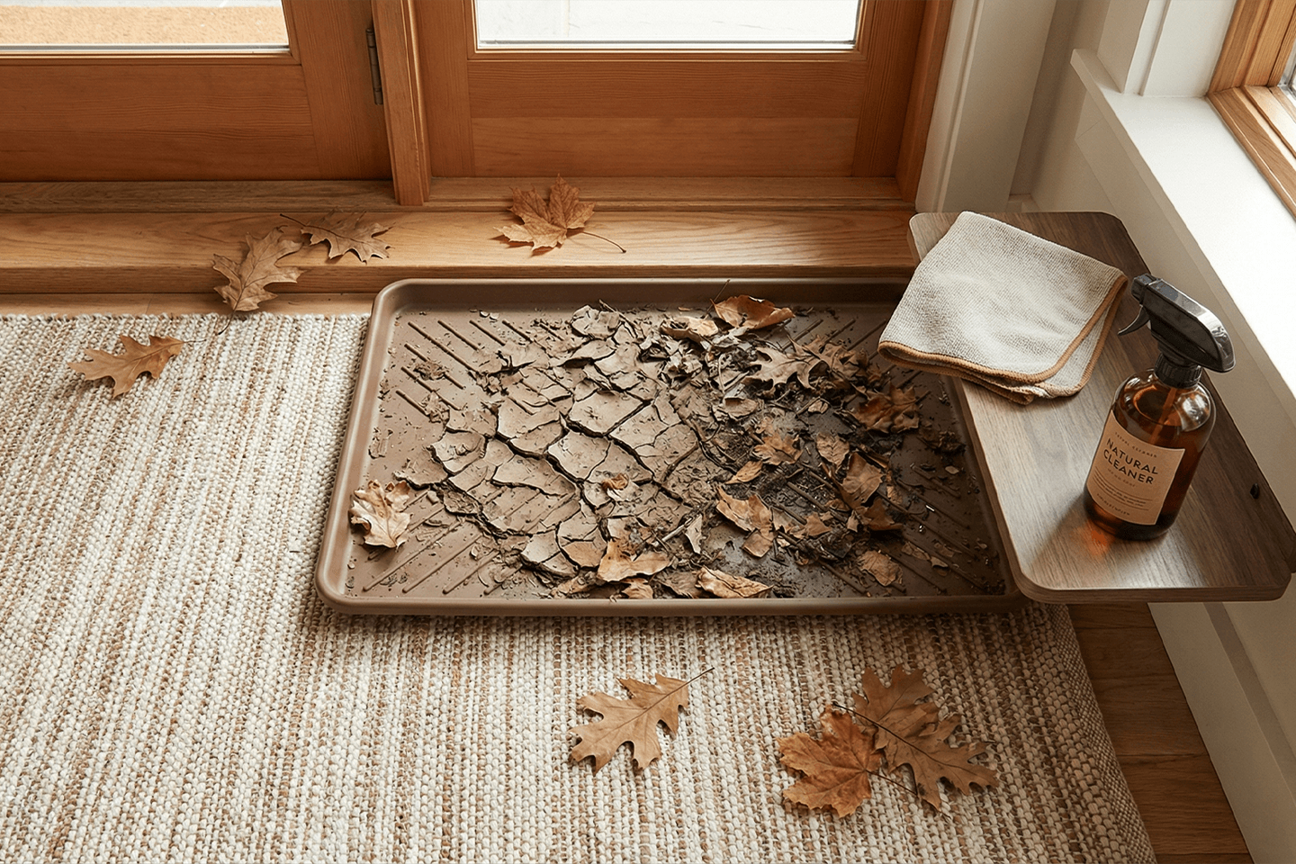 fall entryway mess control detail with boot tray washable rug and cleaning tools near front door