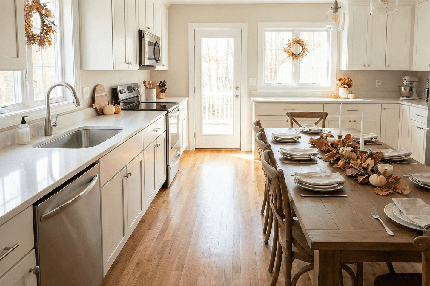 Thanksgiving kitchen after deep clean with clear counters and polished floors