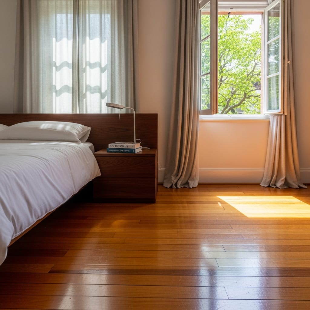 A bright, airy bedroom with sunlight and tidy surfaces, showing the refreshing result of following a bedroom cleaning checklist.