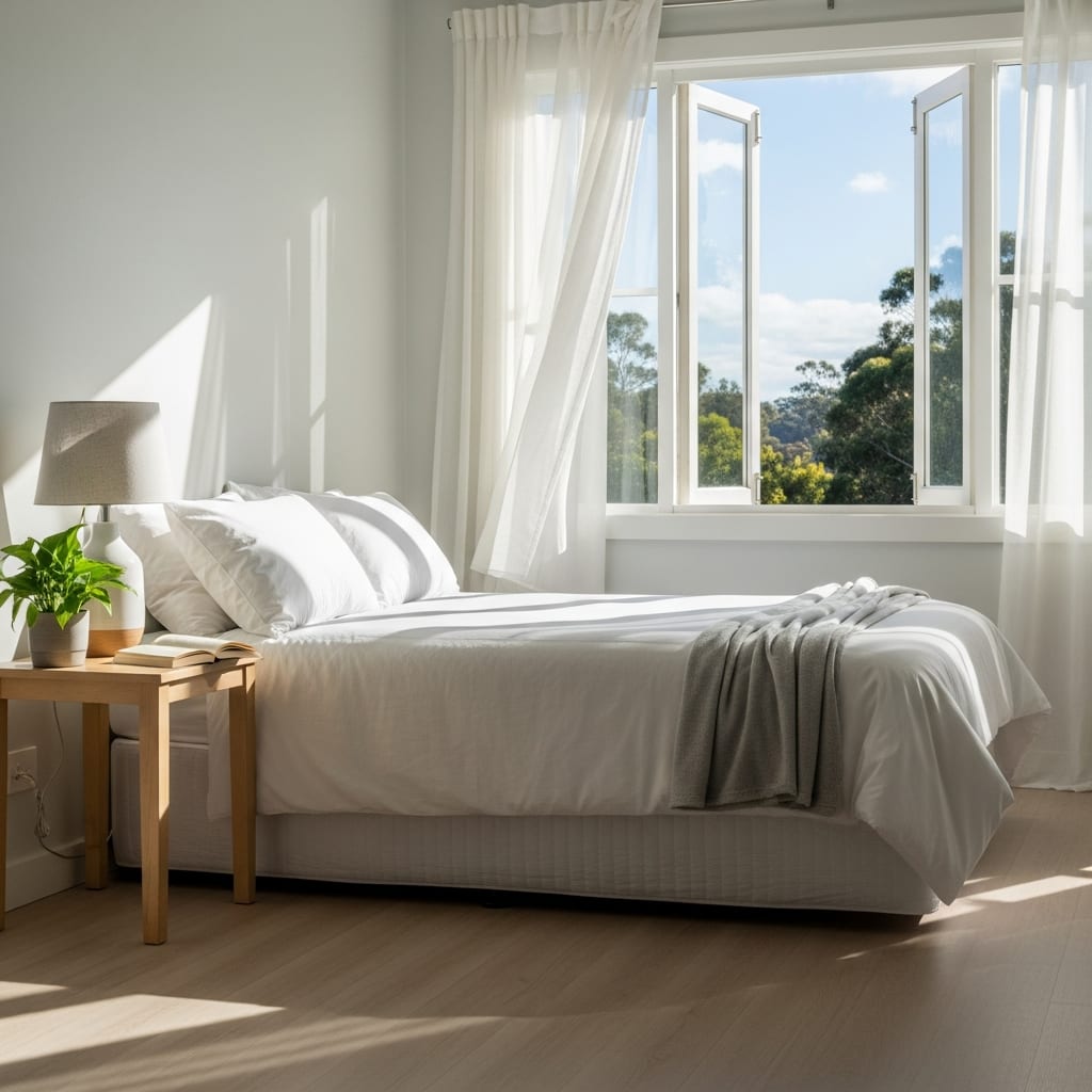 A bright, airy guest room with fresh linens, showing the result of a completed post holiday cleaning checklist for guests.