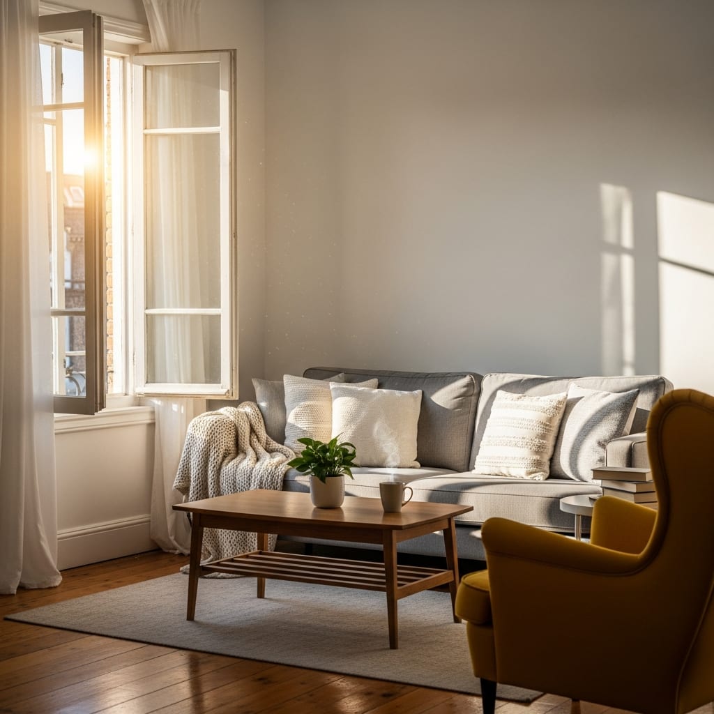 A bright and airy living room where families can safely disinfect high touch surfaces and enjoy a healthy home.