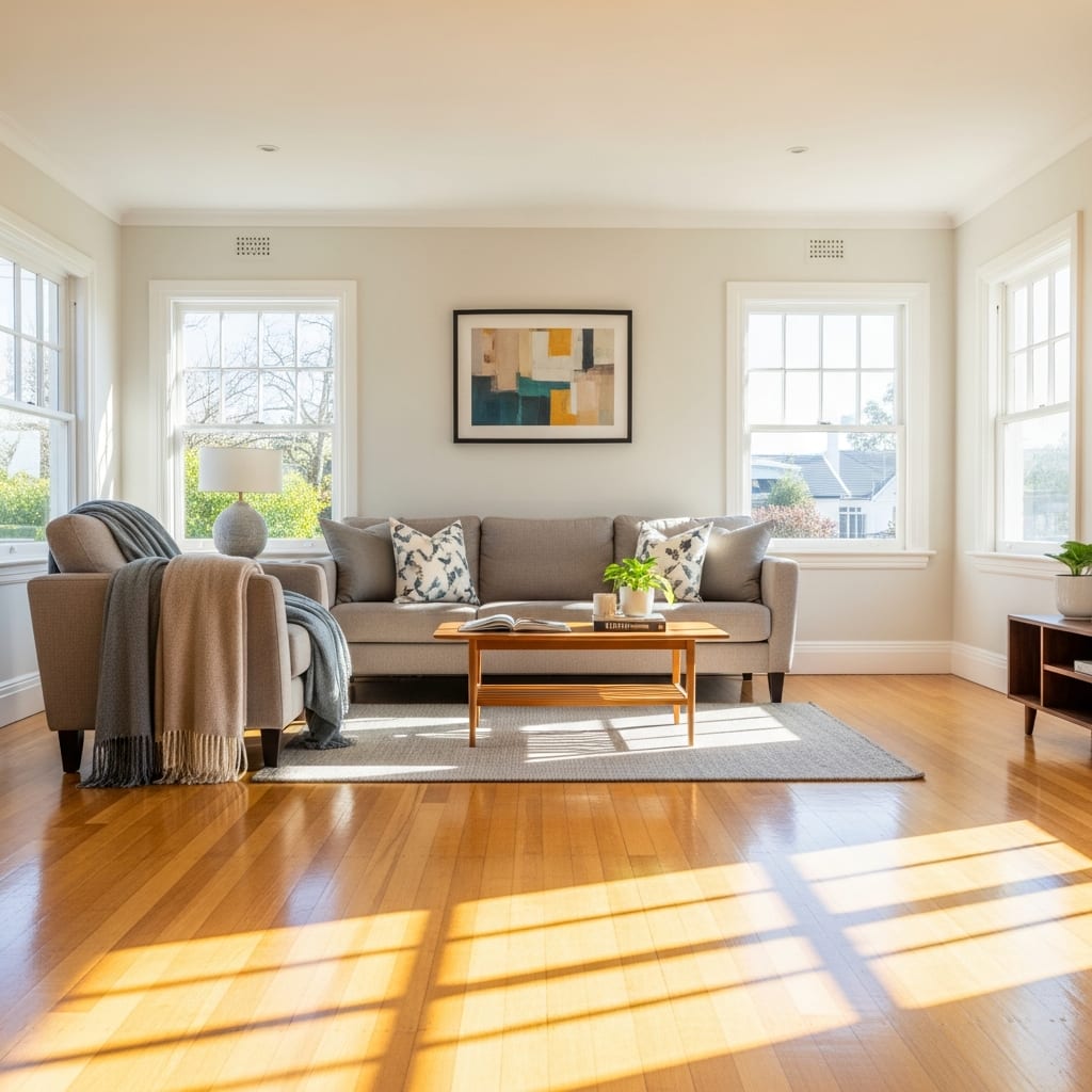 A bright and tidy living room showcasing how to keep a clean home with a busy family schedule.