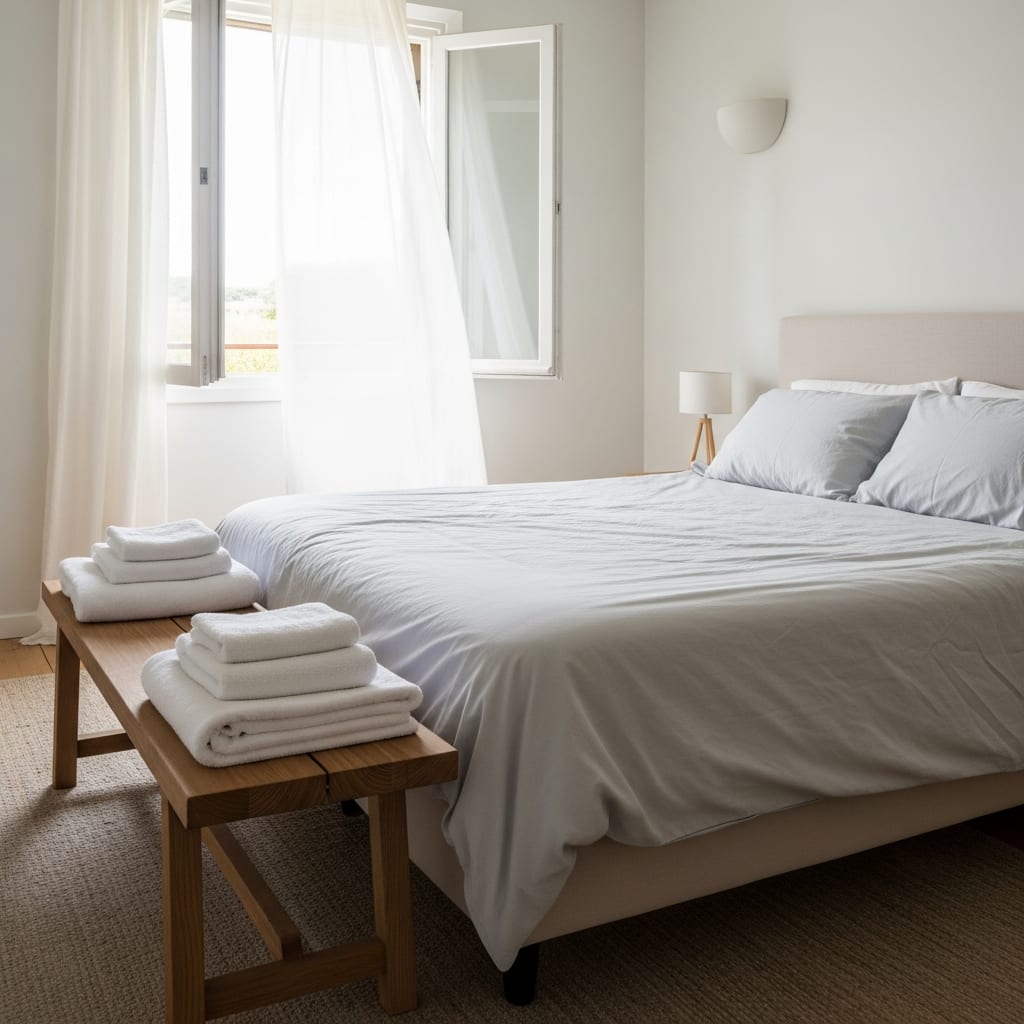 A bright bedroom with breathable cotton sheets illustrates the refreshing outcome of summer home cleaning tips.