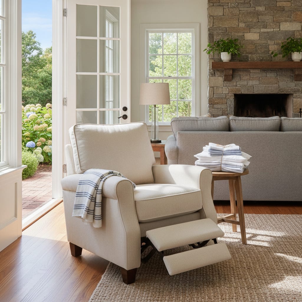 A bright living room with an open window and clean recliner, showing the result of following Father's Day cleaning tips.