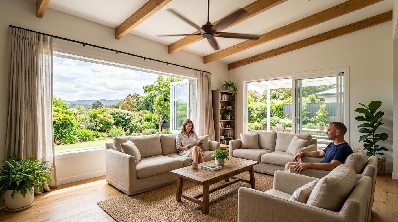 A bright living room with open windows and moving air to eliminate a musty smell in house during summer.