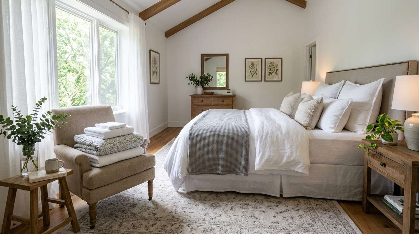 A clean and restful bedroom with fresh bedding, achieving the goals of a back to school cleaning checklist for sleep.