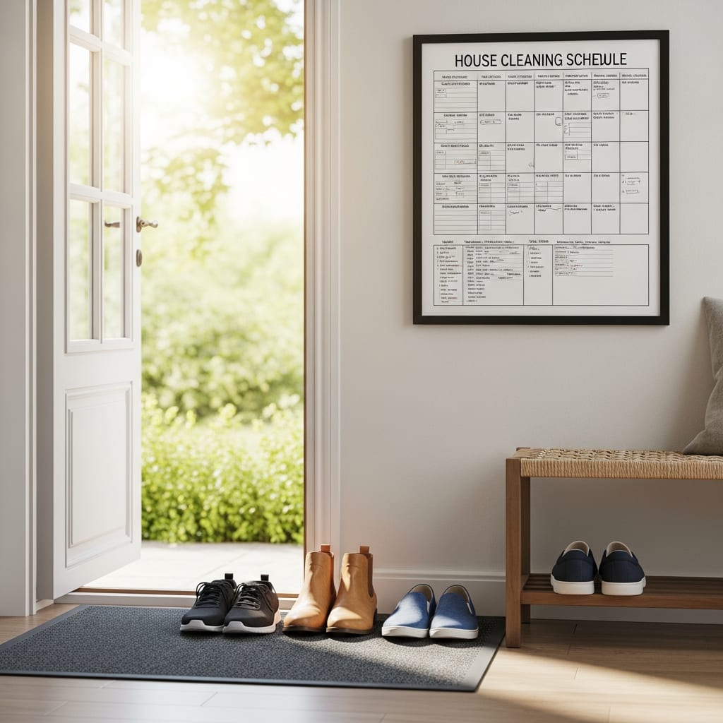 A clean and welcoming entryway with organized shoes and bags after completing a weekly house cleaning schedule.