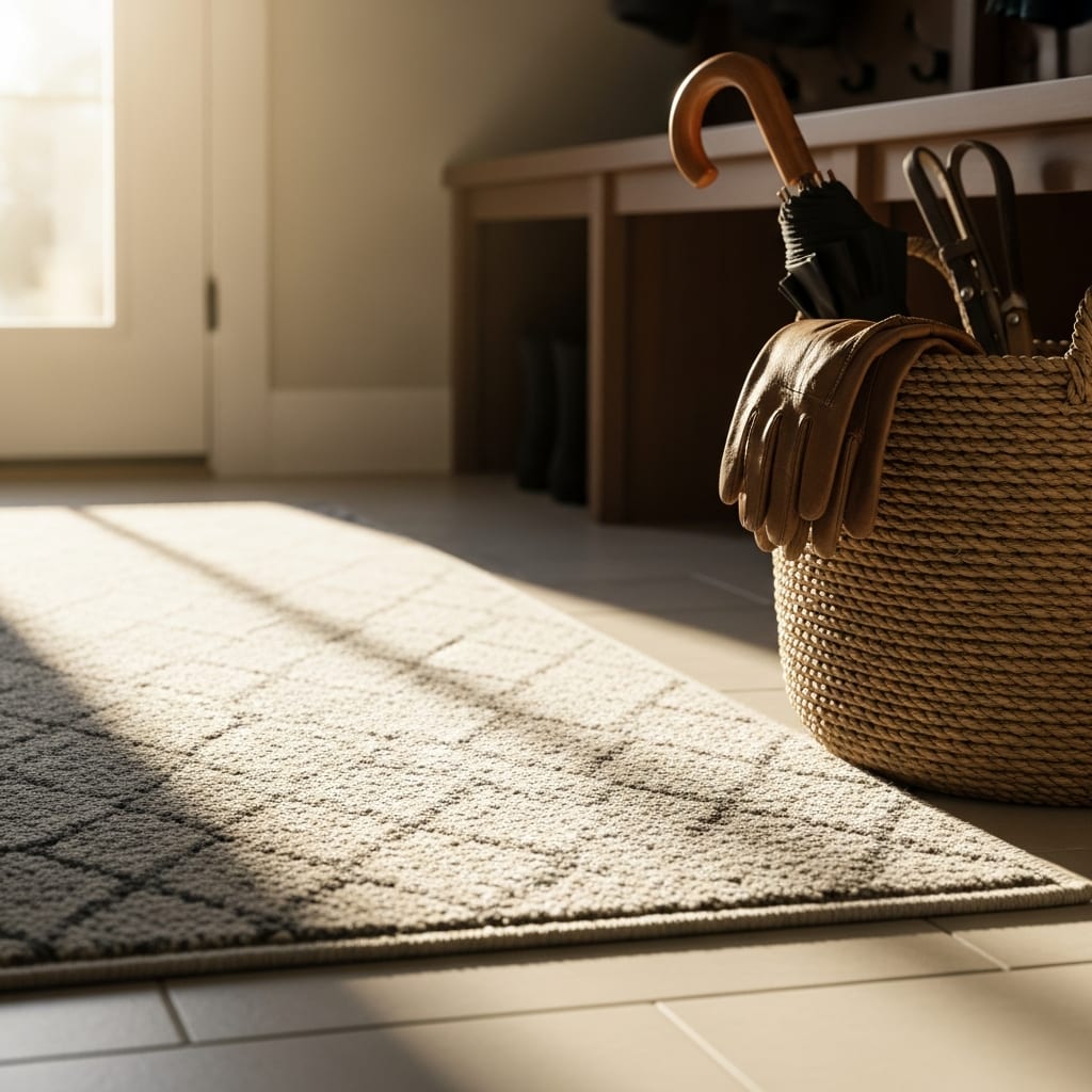 A clean foyer rug and a basket of supplies illustrate the start of a thorough winter deep cleaning in a mudroom.