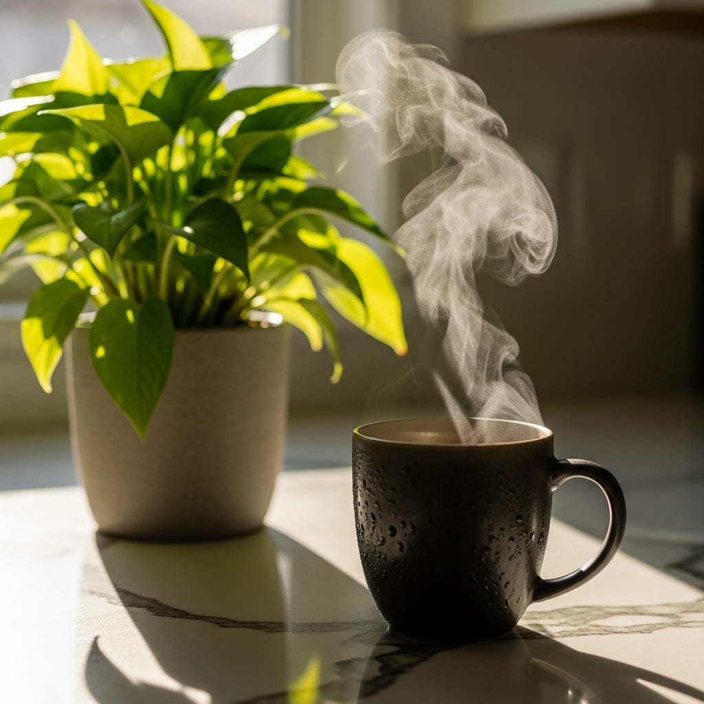 A clean kitchen counter with a coffee mug and plant, maintaining a clean home with a busy family schedule.