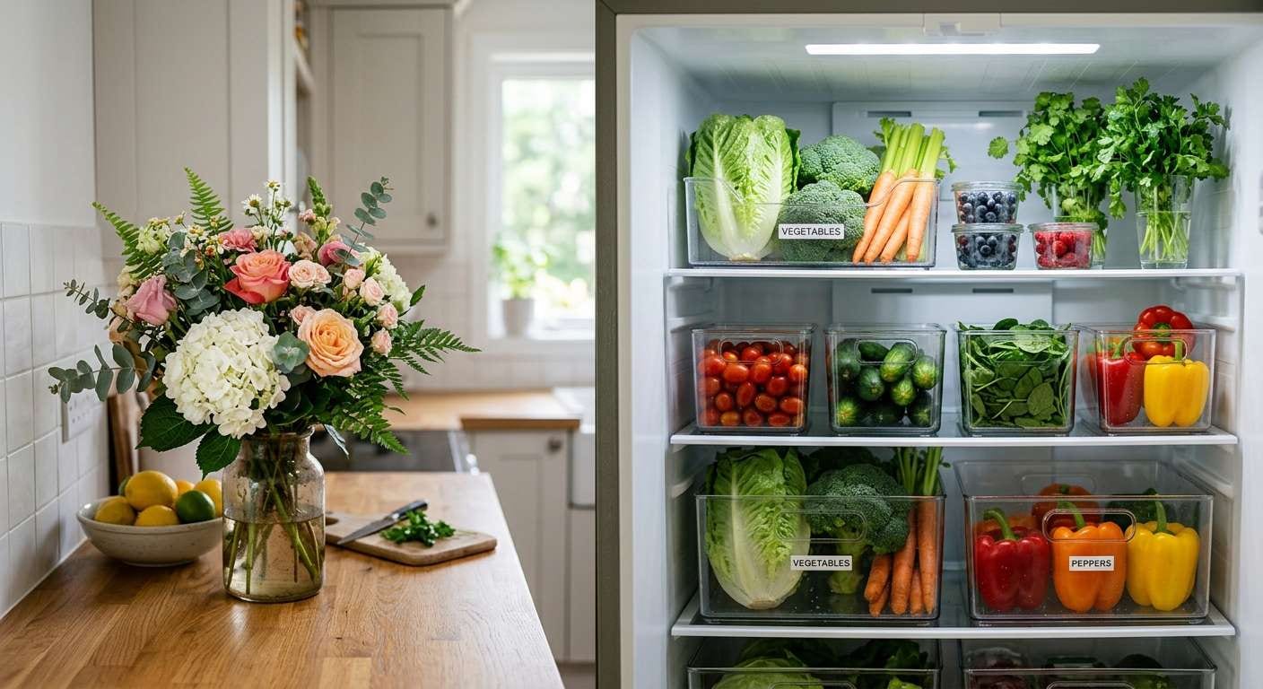 A clean kitchen refrigerator shelf with fresh produce highlights the benefits of a summer deep cleaning for food safety.