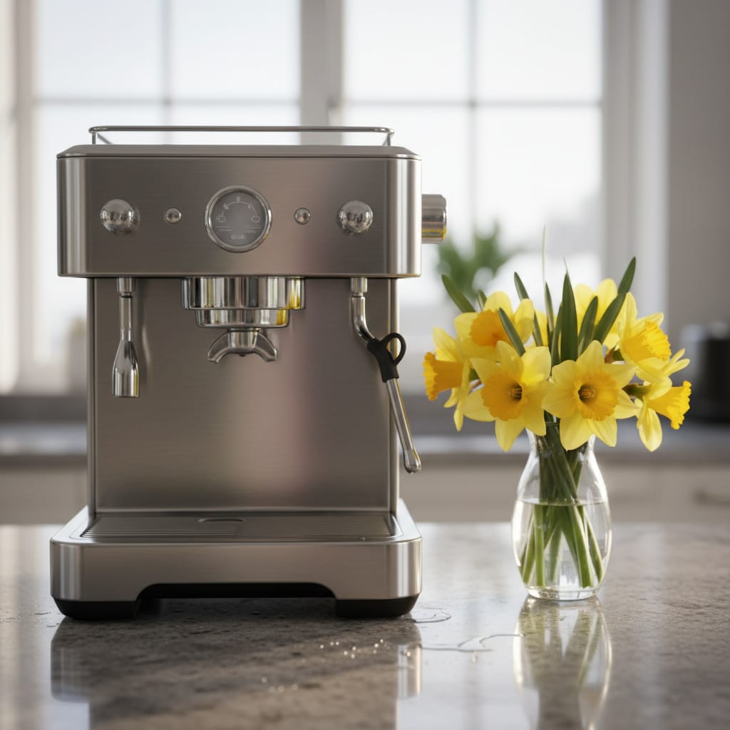 A close-up of a clean stainless steel appliance and flowers, highlighting effective Memorial Day cleaning tips for a bright kitchen.