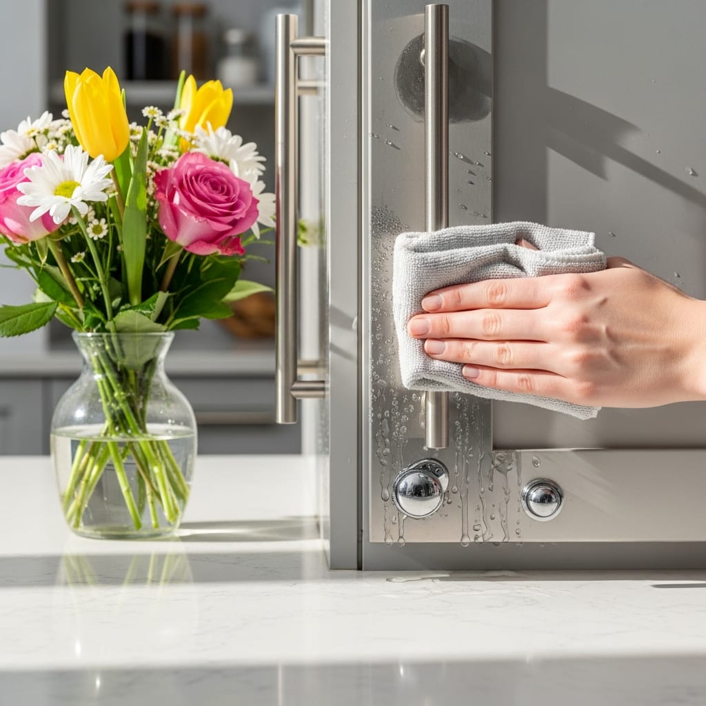 A close-up of a hand wiping kitchen cabinet handles as part of a comprehensive January cleaning checklist for a healthy home.
