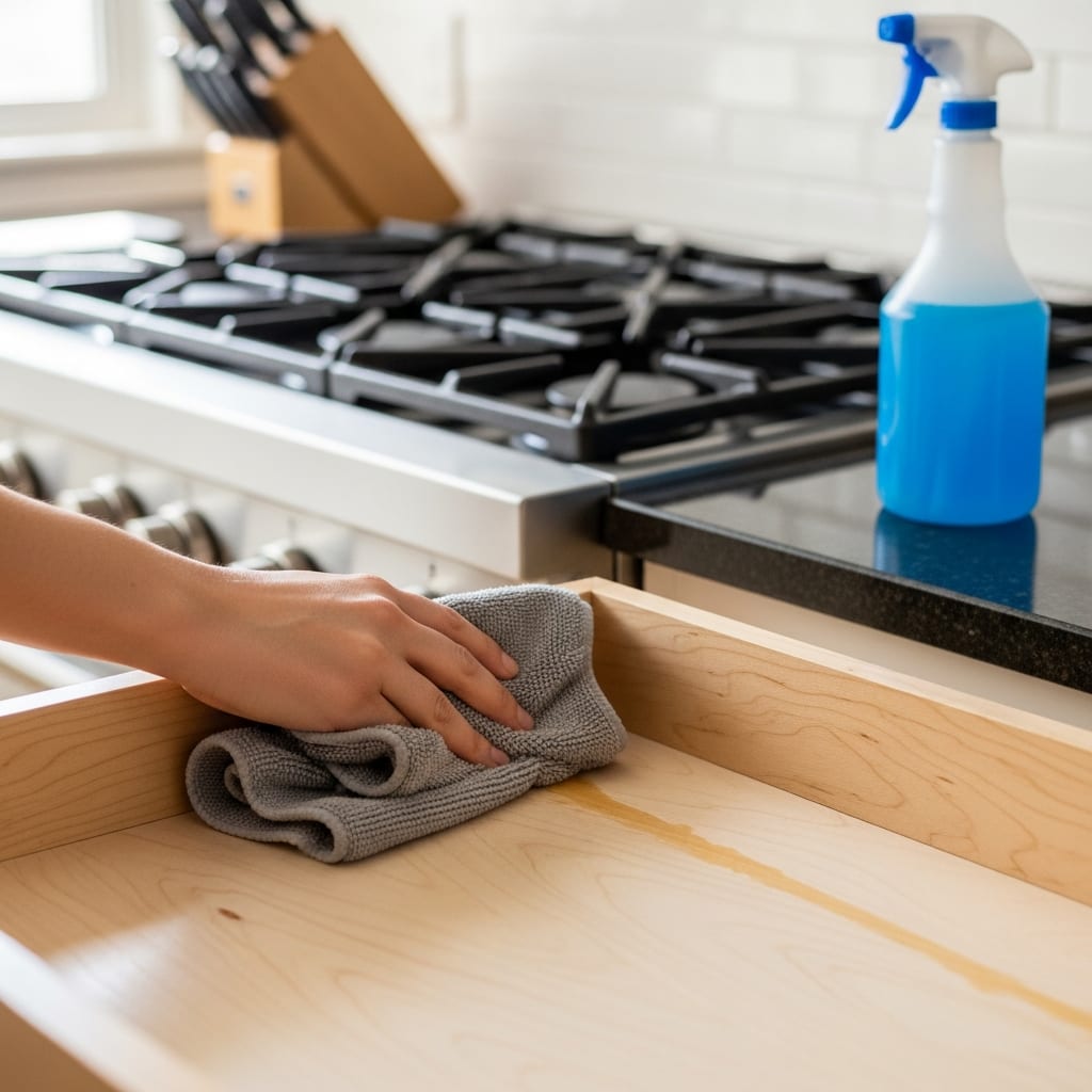 A close-up of a kitchen cabinet drawer being prepared for move-out cleaning using a soft microfiber cloth.