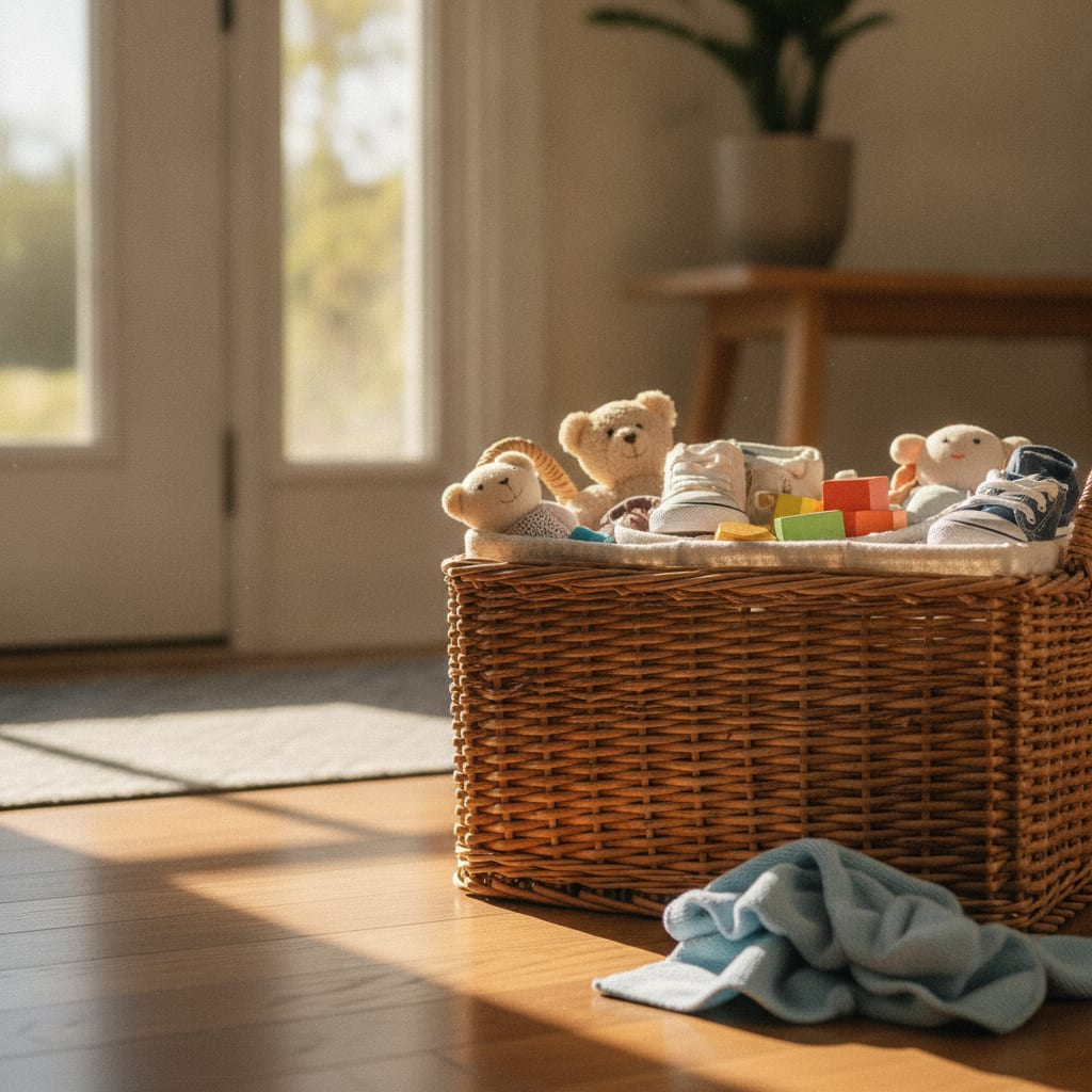 A close-up of a wicker basket holding organized shoes and toys, demonstrating Father's Day cleaning tips to declutter an entryway.