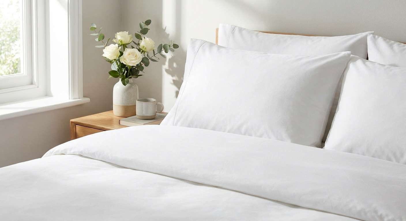 A close-up of fresh bed linens and flowers part of a vacation home cleaning checklist for a restful return.