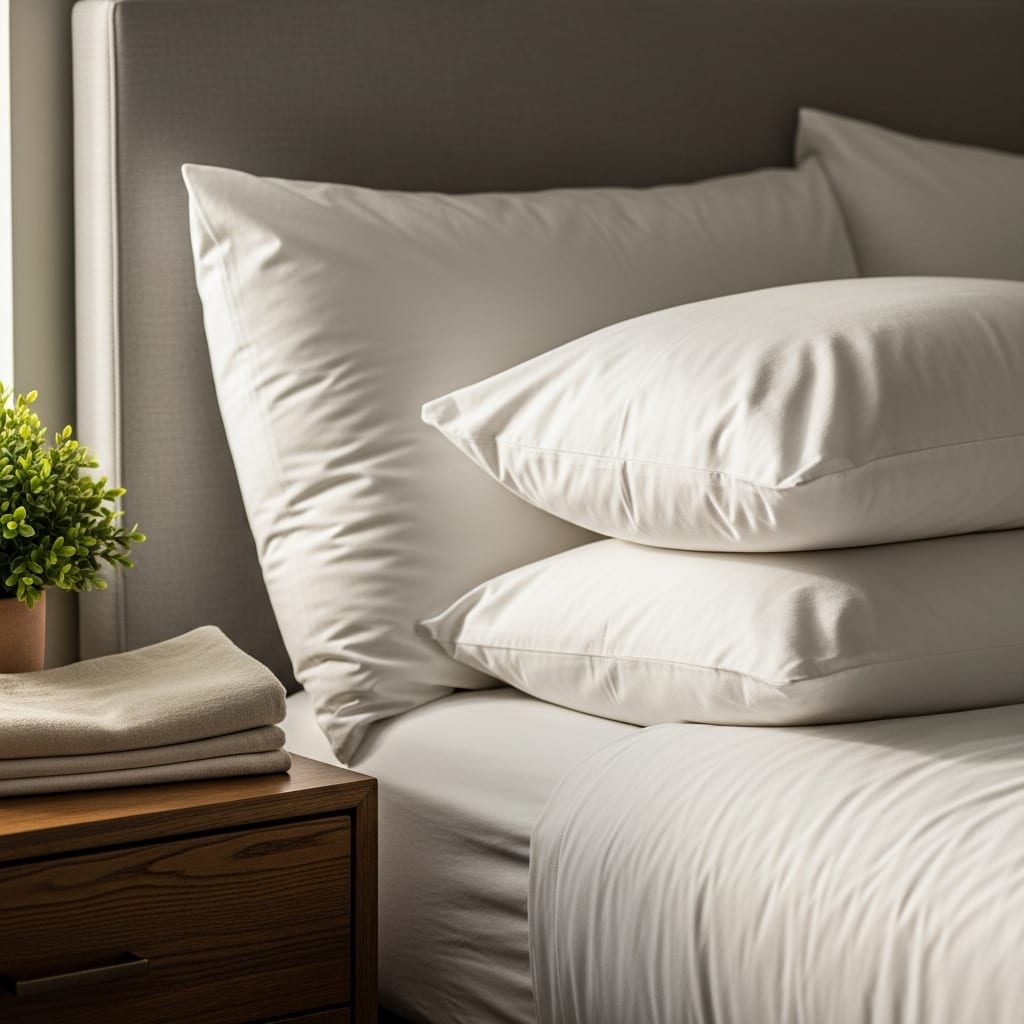 A close-up of fresh linens and a plant on a nightstand following a guest room cleaning checklist for visitors.