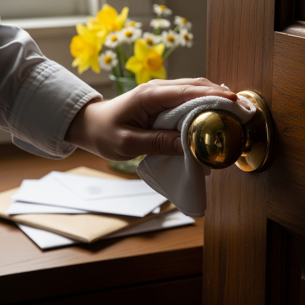 A close up of hands cleaning a doorknob to maintain a healthy weekly cleaning routine in a bright Maryland home.