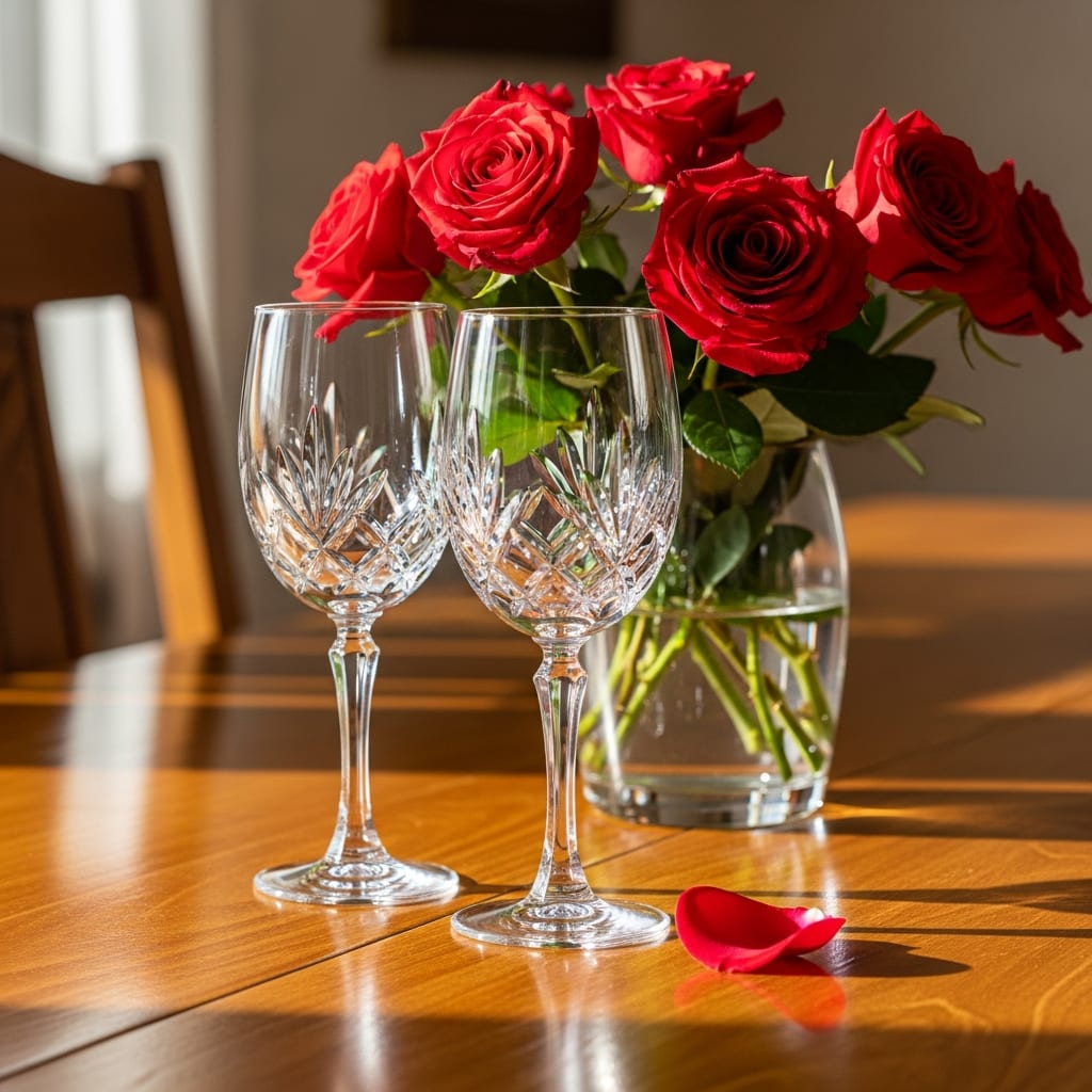 A close-up of sparkling glassware and roses on a table, part of a Valentine’s Day cleaning checklist for homeowners.