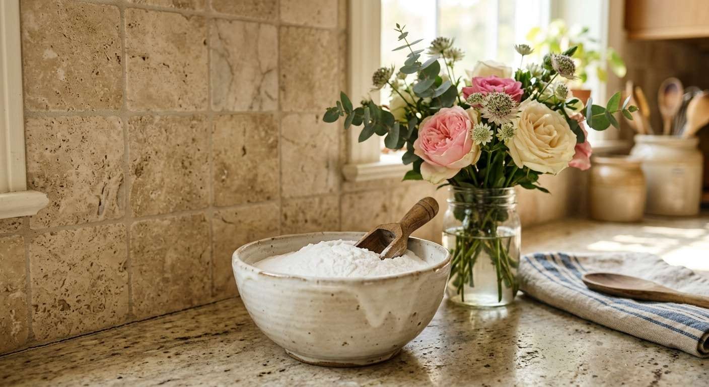A close up view of a kitchen counter featuring natural baking soda to prevent a musty smell in house.