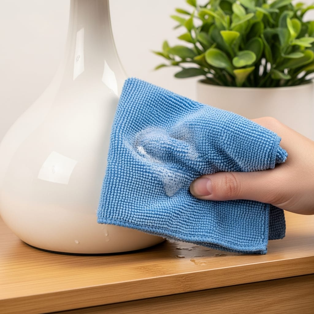A detailed close-up of a bedroom cleaning checklist task where a damp cloth wipes dust from a nightstand lamp base.