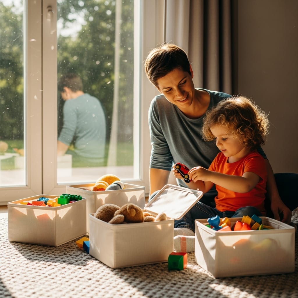 A family works together on decluttering after the holidays by sorting toy bins in a sunlit room for a fresh start.