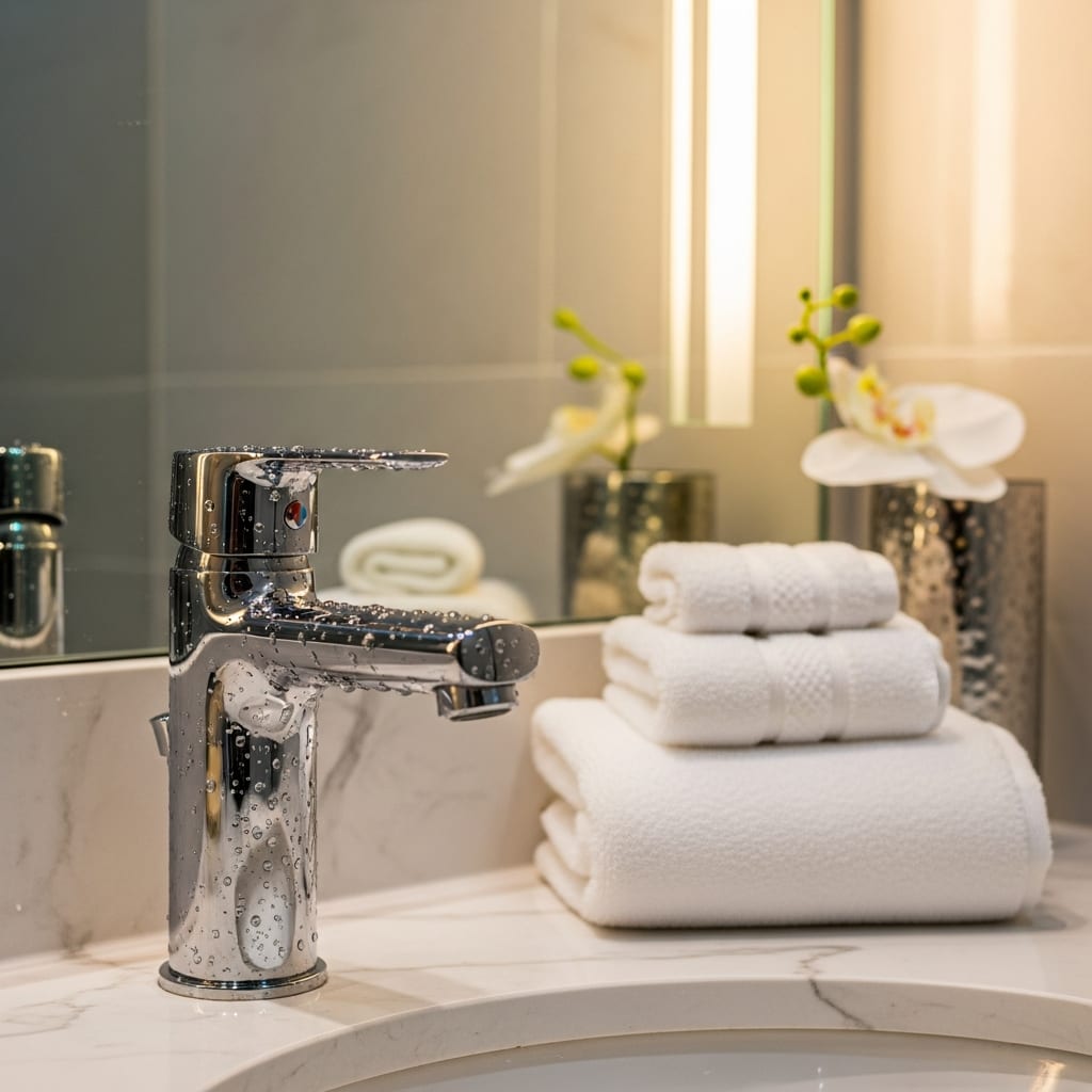 A gleaming bathroom faucet and spotless mirror reflecting freshly folded towels, showcasing the detail of professional holiday house cleaning.