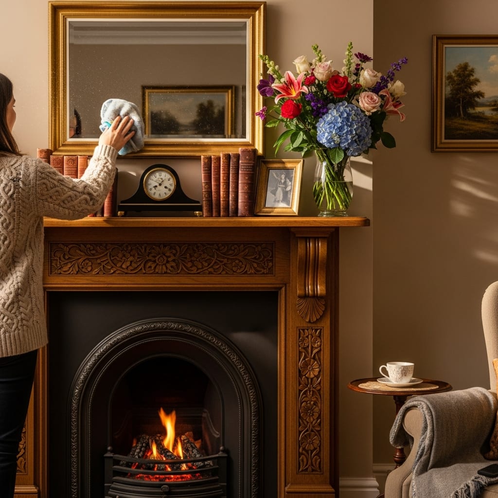 A homeowner dusting a living room mantelpiece near fresh flowers, demonstrating the ease of holiday house cleaning before family celebrations.