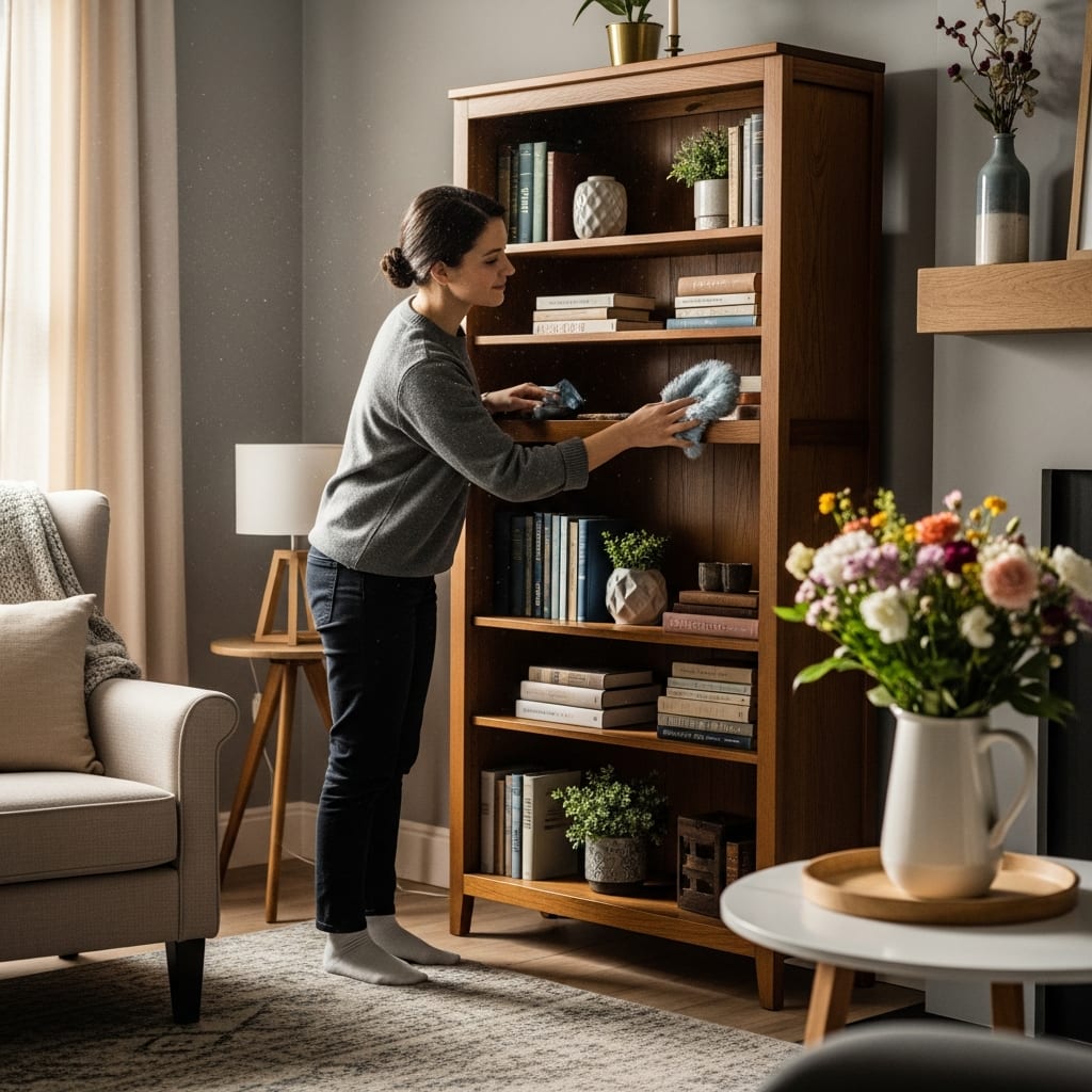 A homeowner dusting bookshelves as part of a winter deep cleaning routine to improve indoor air quality for the family.