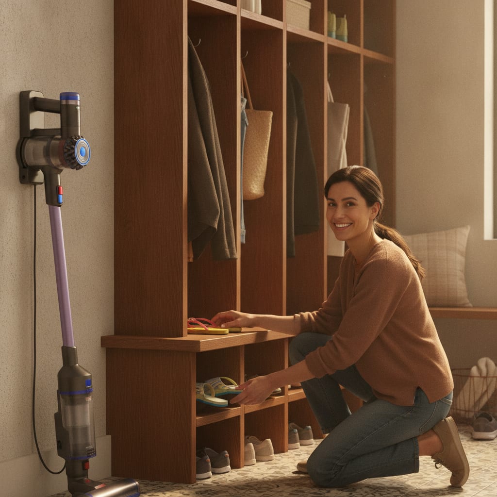 A homeowner in a mudroom organizing a summer cleaning checklist drop zone with flip flops and a vacuum nearby.