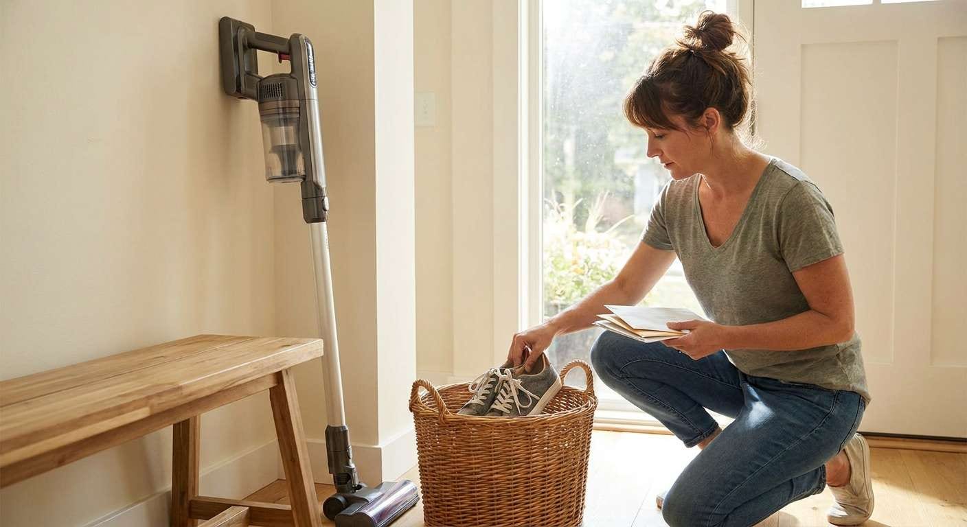 A homeowner organizes a bright entryway as part of their vacation home cleaning checklist before leaving for a trip.