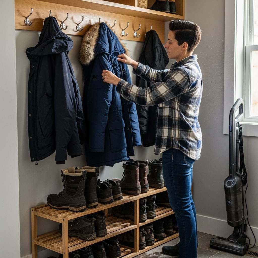A homeowner organizes winter coats and boots in a mudroom while following a January cleaning checklist to manage seasonal slush and salt.