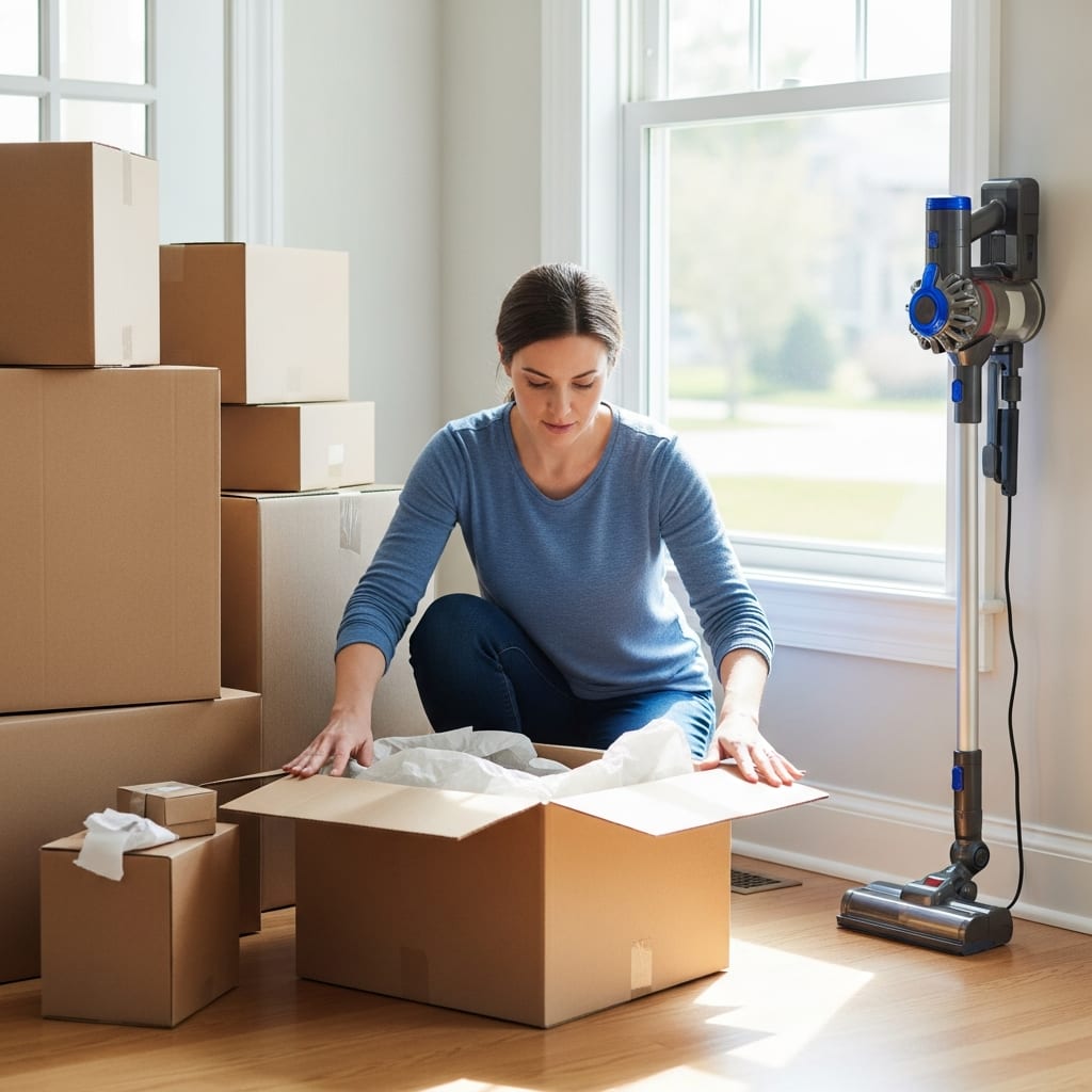 A homeowner organizing moving boxes in a bright hallway after completing a thorough move-out cleaning of the baseboards.
