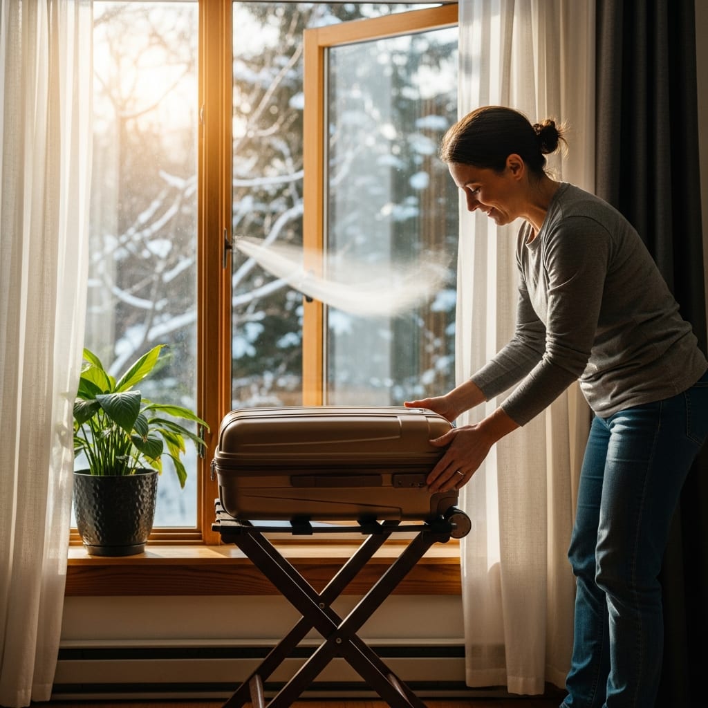 A homeowner prepares for arrivals by following a guest room cleaning checklist to organize the luggage area neatly.