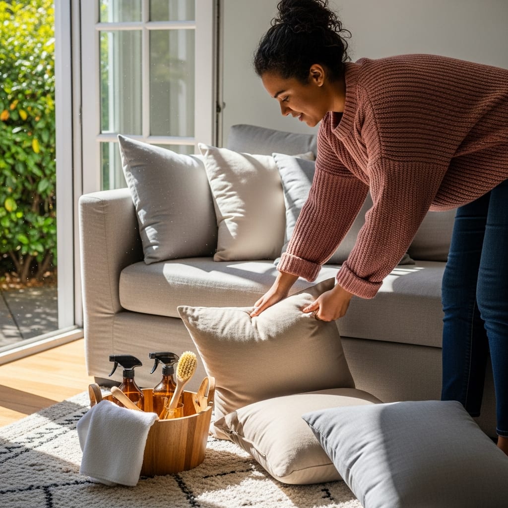A homeowner refreshes living room pillows to demonstrate how to get rid of winter odors in house effectively.