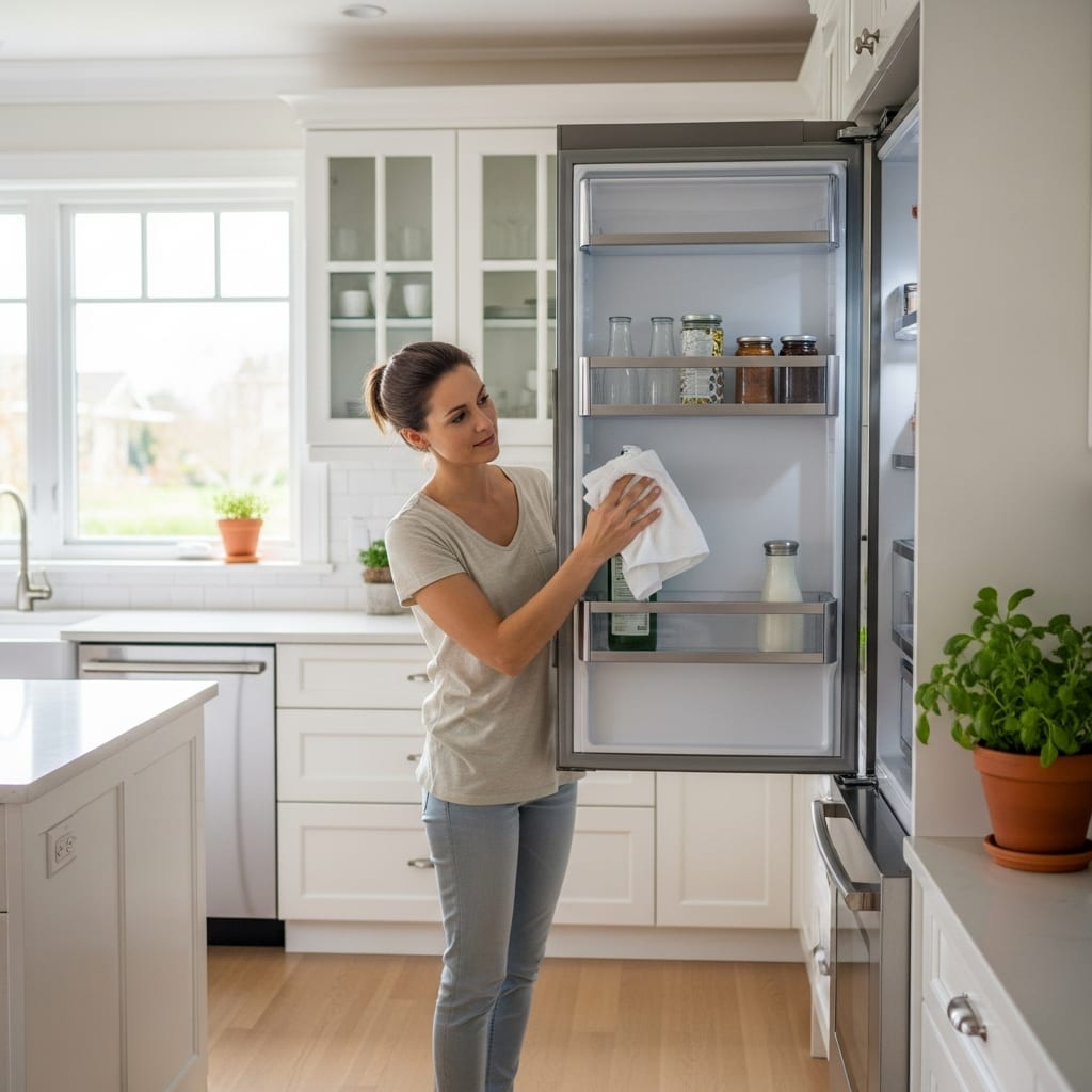 A homeowner refreshing kitchen shelves and counters as they follow a post holiday cleaning checklist for a healthy start.