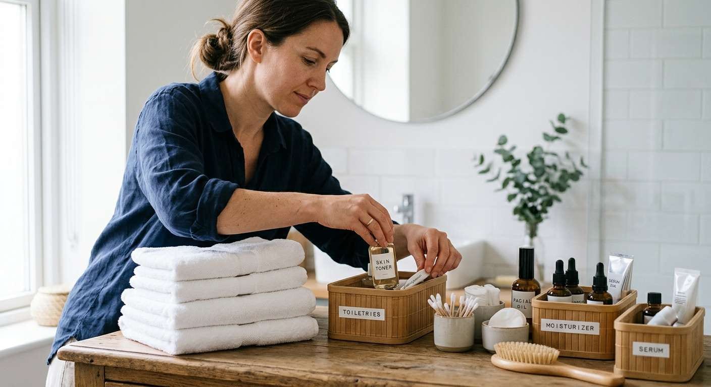 A medium shot showing individual bins for toiletries, showcasing organized bathroom cleaning tips to help manage shared household spaces.