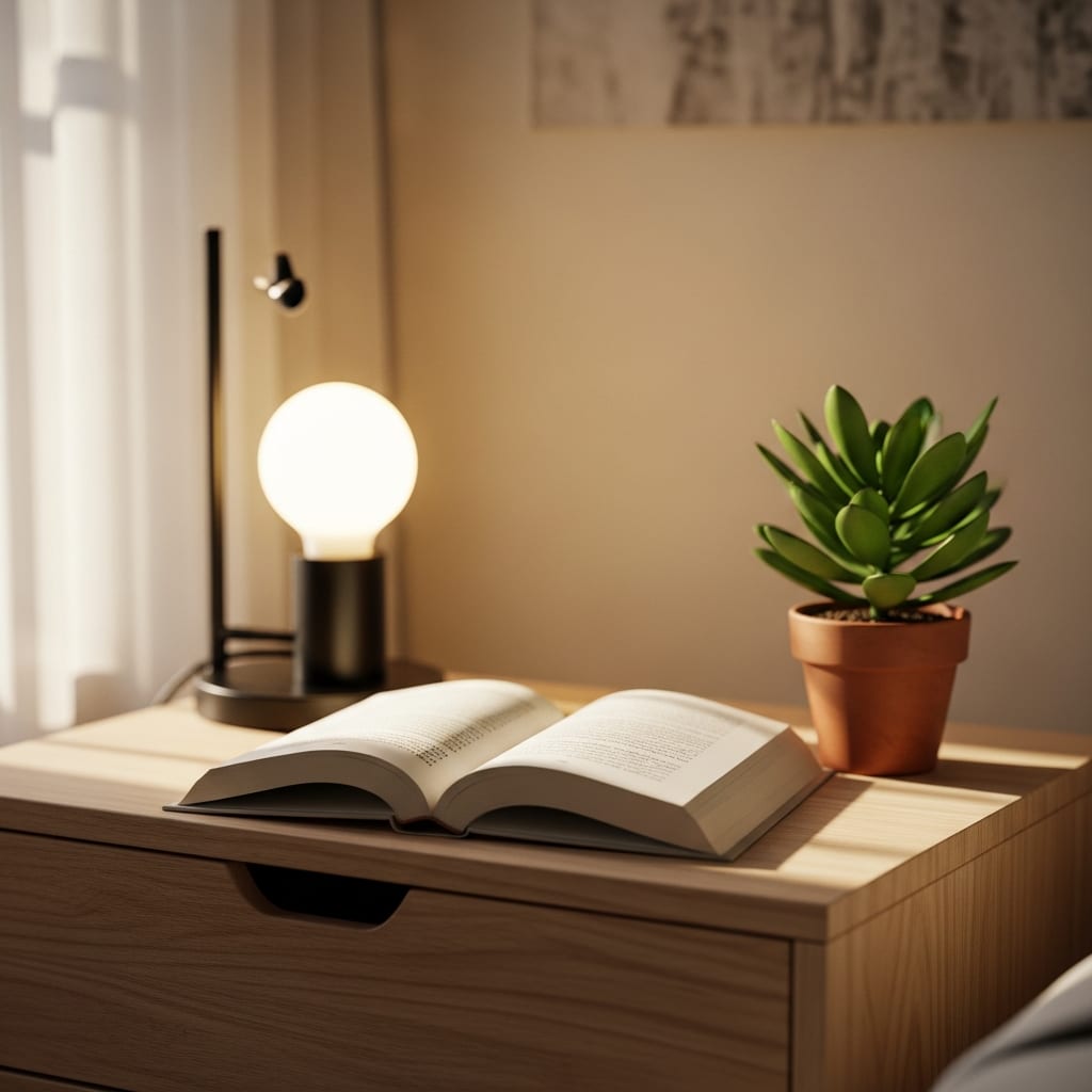 A minimalist nightstand with fresh flowers demonstrates effective spring decluttering tips for a peaceful and restful bedroom environment.