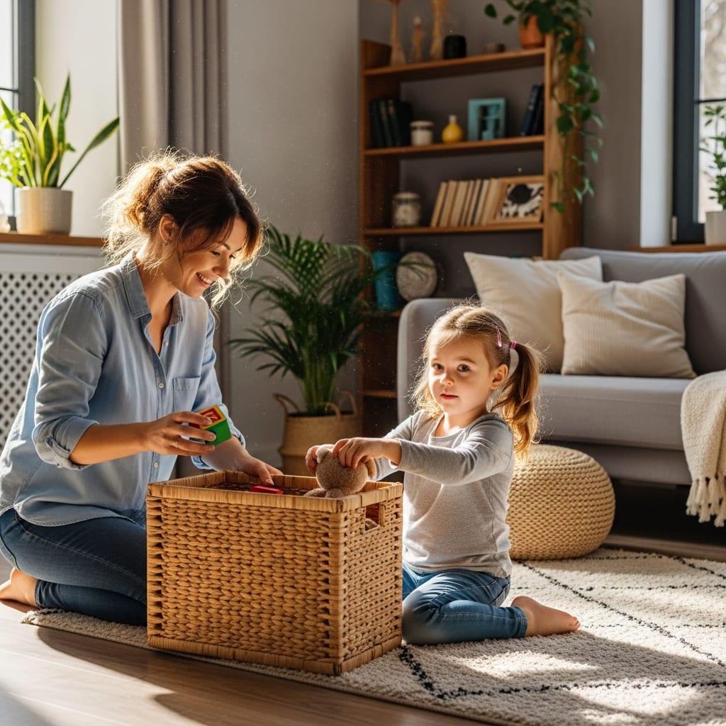 A parent and child neatly organizing toys in a basket during their daily house cleaning schedule routine.