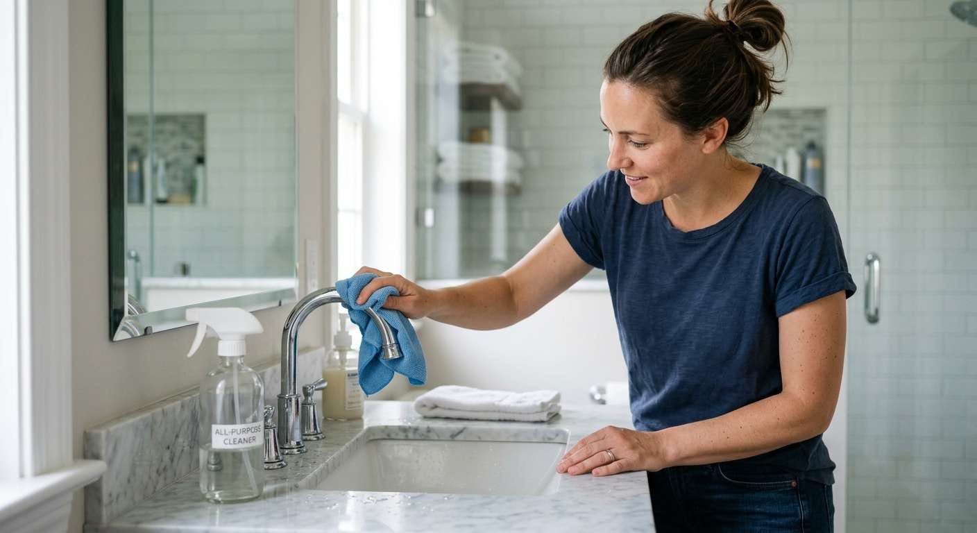 A parent cleans the bathroom vanity to remove moisture and stop a musty smell in house for the family.