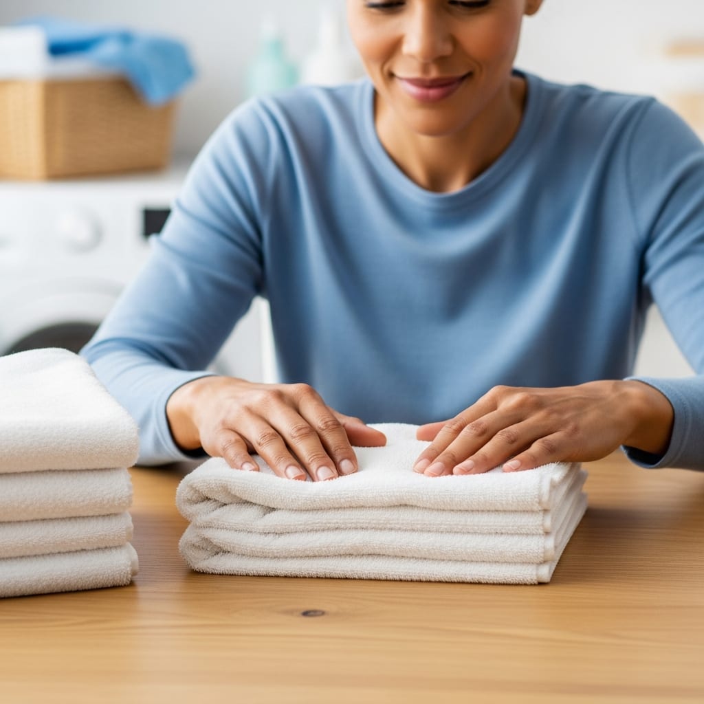 A parent folding laundry in a tidy room helps keep a clean home with a busy family schedule.