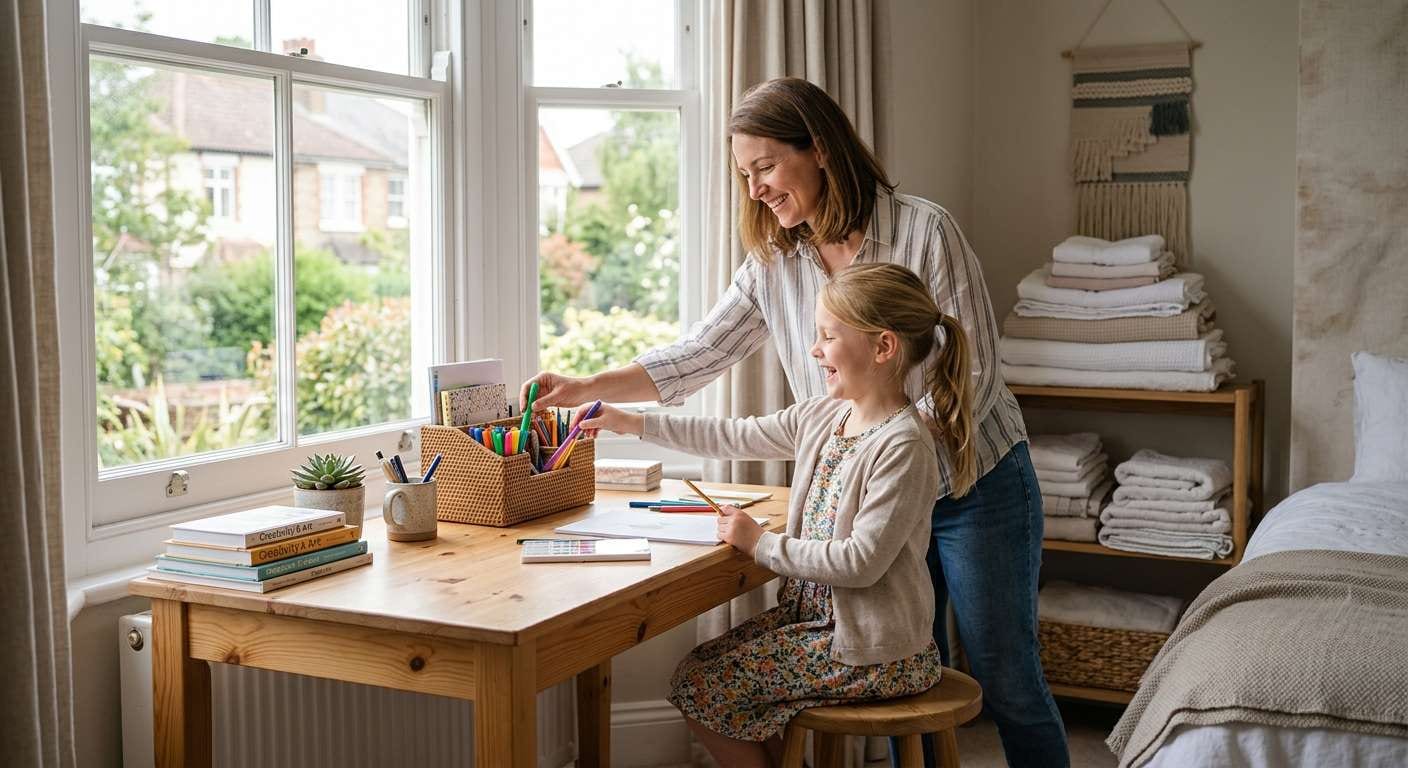 A parent helps arrange a childs desk near a window to improve kids study space organization in a bedroom.