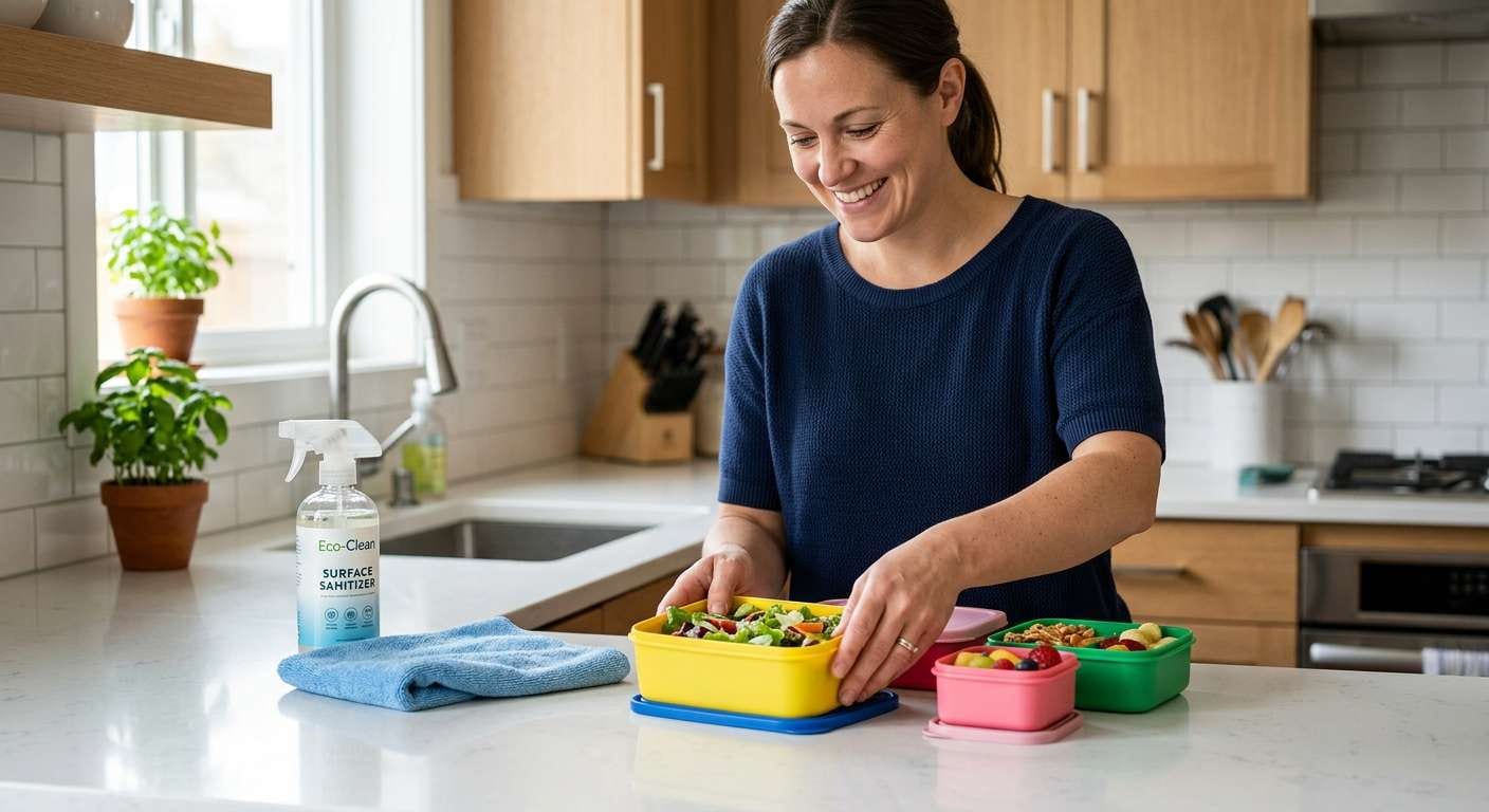 A parent organizes lunch containers on a clean counter as part of a back to school cleaning checklist routine.