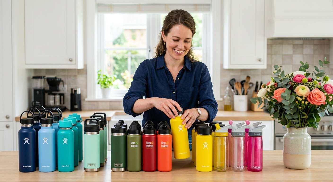 A parent organizing colorful reusable water bottles in a bright kitchen to maintain a summer cleaning routine.
