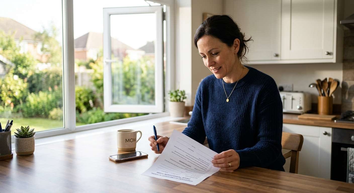 A parent reviewing school papers on a tidy counter, showing the benefit of entryway organization ideas in preventing kitchen clutter.
