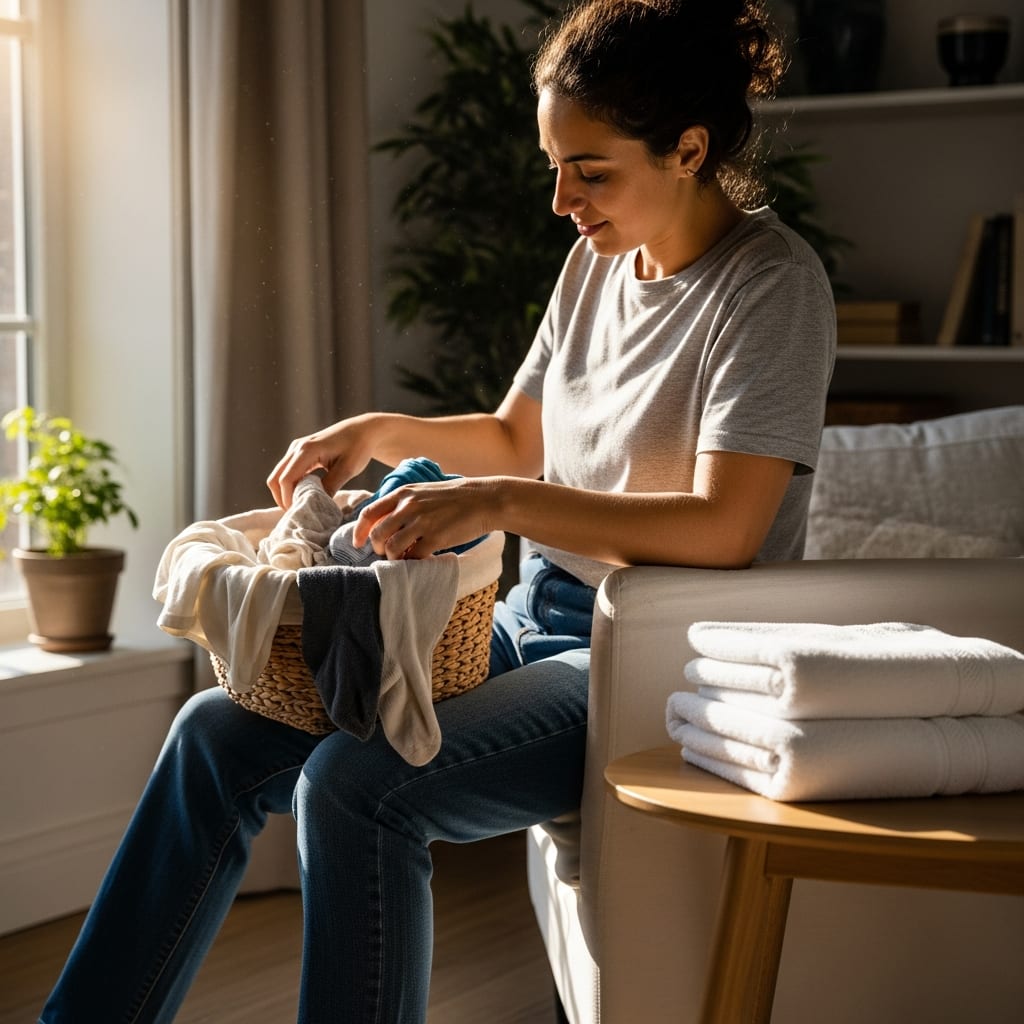 A parent sorting a small batch of laundry as part of a manageable weekly cleaning routine for a busy household.